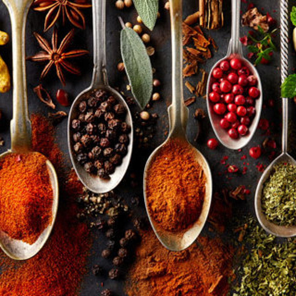 A selection of different spices is presented on spoons