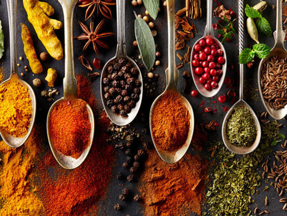 A selection of different spices is presented on spoons