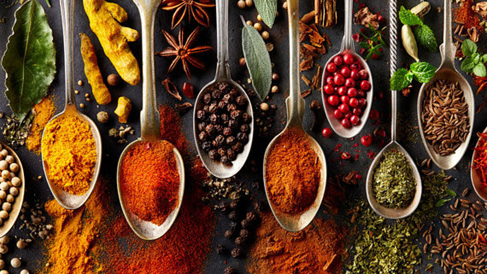 A selection of different spices is presented on spoons