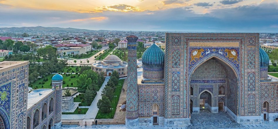 A historical Uzbek building and city