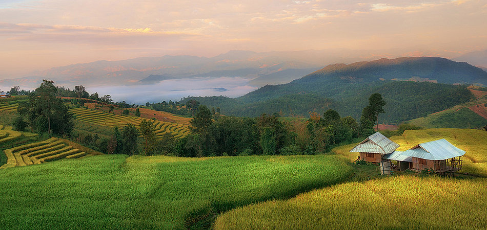 An Indonesian landscape with two huts