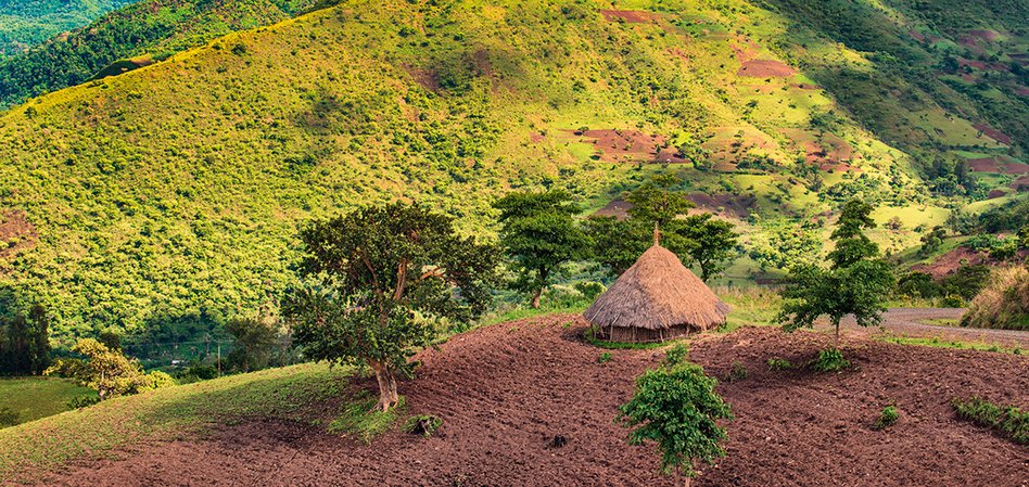 A traditional hut built in a hilly landscape 